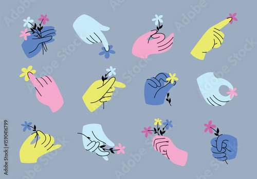 Set of folded hands with flowers in flat style. A retro cartoon collection of stickers hands in various positions for a holiday, birthday, Valentine's Day, Mother's Day, March 8. Vector illustration. 