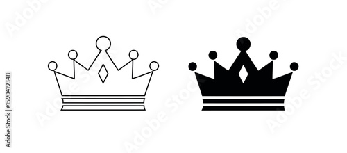 Two Crown Icons in Outline and Solid Black Silhouettes Depicting Royalty