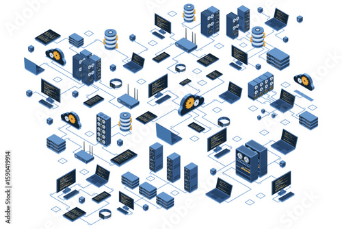 Isometric data network management. Cloud storage data and synchronization of devices. Networking, database, cloud storage. Isometric technology