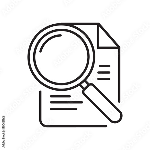 Detailed Inspection Icon a Magnifying Glass Over Documents Signifying Thorough Analysis or Investigation on White Backdrop
