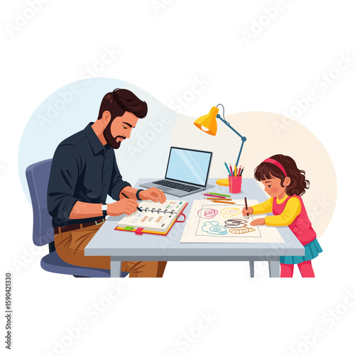 Father working remotely while his young daughter draws beside him