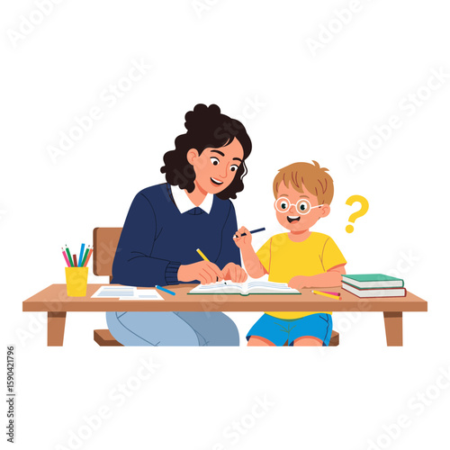 Woman Helping Young Boy with Homework and Studies
