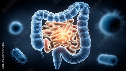 representation of inner body environment where colorful good bacteria swirl protectively around a glowing core representing the human gut while shadowy harmful bacteria lurk on the edges abstract 