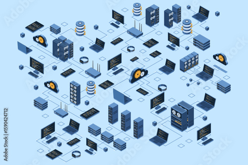 Isometric data network management. Cloud storage data and synchronization of devices. Networking, database, cloud storage. Isometric technology
