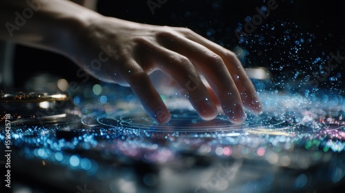 Professional technician uses hand gestures to interact with a futuristic holographic interface, manipulating data and settings amidst shimmering projections