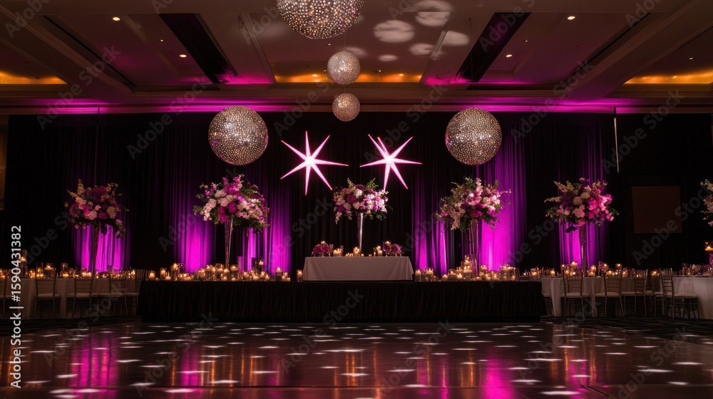 Obraz premium Grand ballroom decorated for a wedding reception. Pink and purple lighting, floral arrangements, and hanging spheres