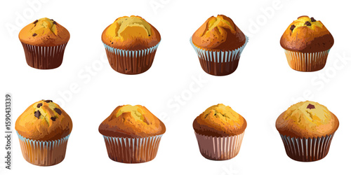 Multiple vector illustrations of delicately drawn muffins

