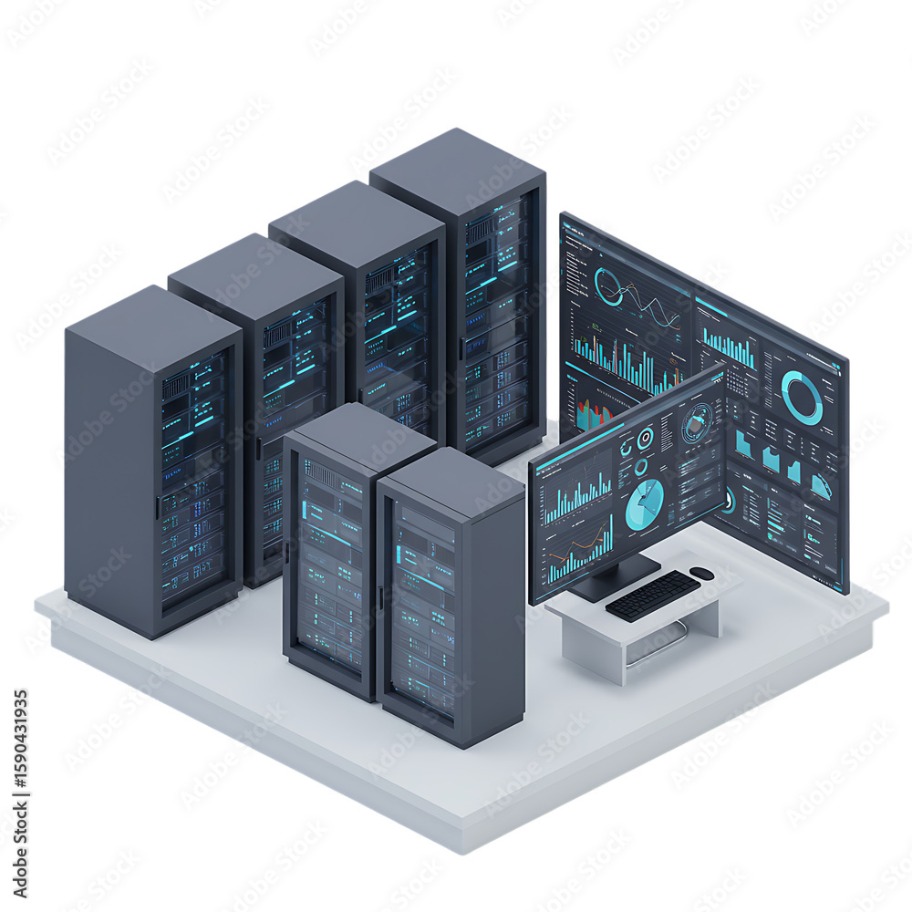 Obraz premium Data servers with performance dashboard display