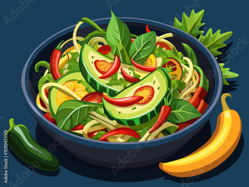 vector of A delicious zucchini ribbon salad with fresh greens and chili peppers makes an appetizing close-up in a dark bowl.