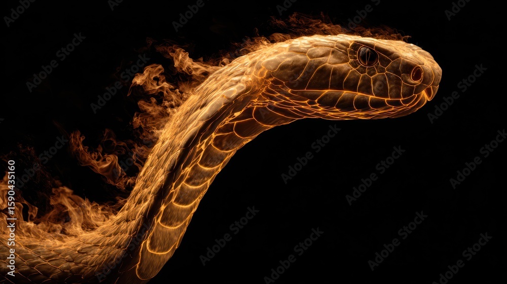 Naklejka premium Fiery snake digital artwork of a mythical serpent with flames on black
