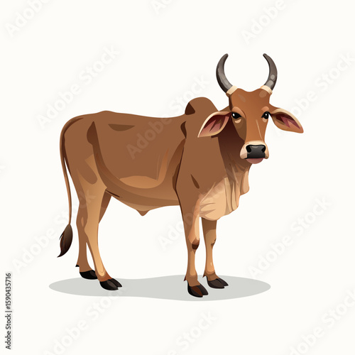 Cow standing alone on white background in a rural farm style illustration
