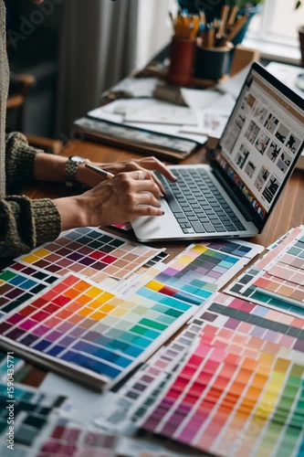 Creative graphic designer reviews color swatches on desk while using laptop to finalize design concepts during a focused work session