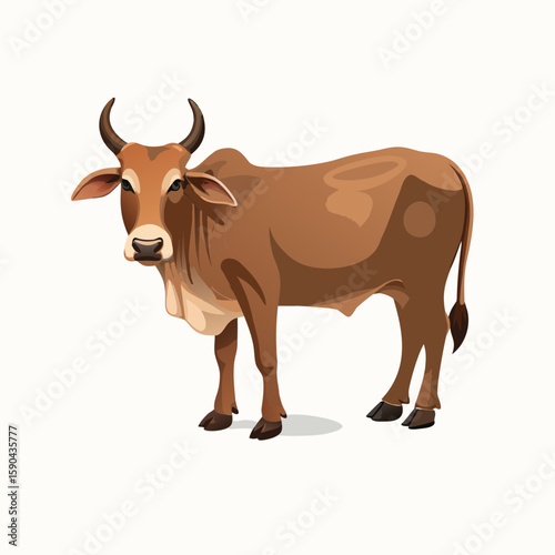 Cow standing alone on white background in a rural farm style illustration