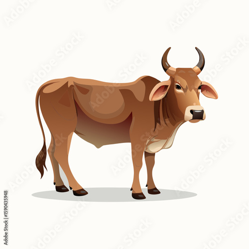 Cow standing alone on white background in a rural farm style illustration