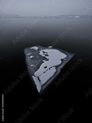 Aerial view of ice floe on dark water surface, arctic landscape, climate change concept