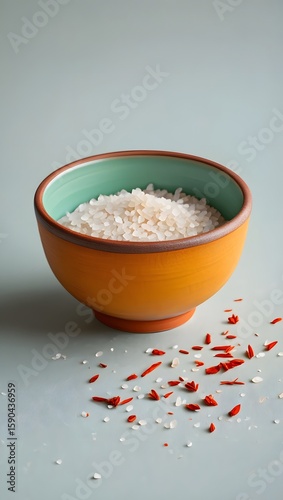Sea salt flakes in orange bowl with red chili flakes on table top still life photo