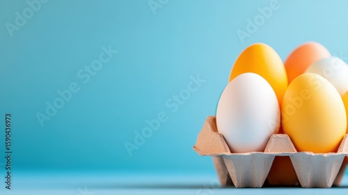 Colorful Easter eggs resting in an egg carton on a bright backdrop