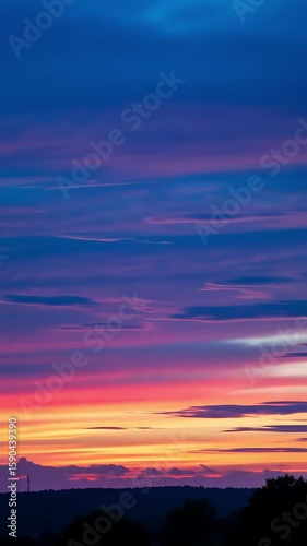 Vivid Sunset Over Horizon Showcasing Layered Clouds in Bold Colors of Orange Pink and Blue