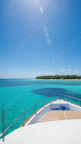 White Boat Sailing Through Turquoise Ocean Waters Under a Bright Sunny Sky Towards a Distant Lush Green Island