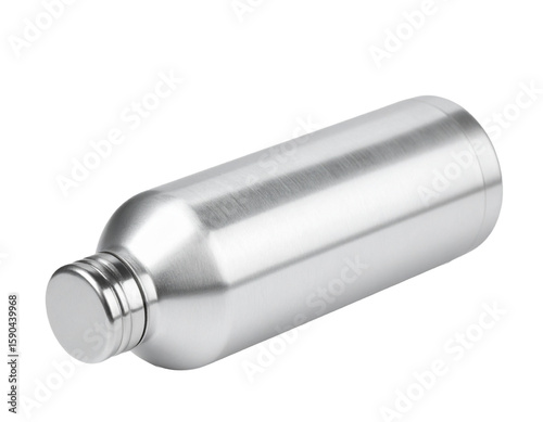 A cylindrical, silver laboratory reagent bottle, isolated on a white background.