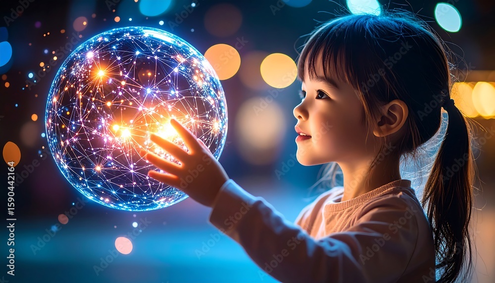 Naklejka premium Adorable girl reaches for a glowing tech sphere showcasing future technology and connectivity with wonder and curiosity.