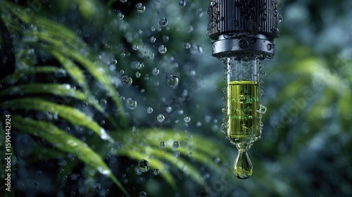 Closeup image of a formic acid fuel cartridge being filled, with condensed droplets of moisture on the exterior and a background of swirling, vibrant green rainforest foliage