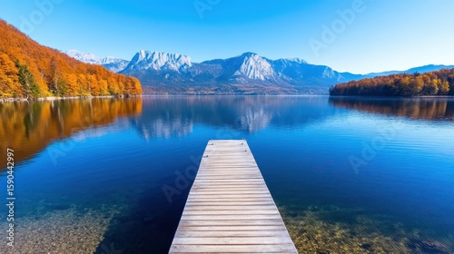 Serene morning mist envelops pier at Mondsee in Salzkammergut, Austria
