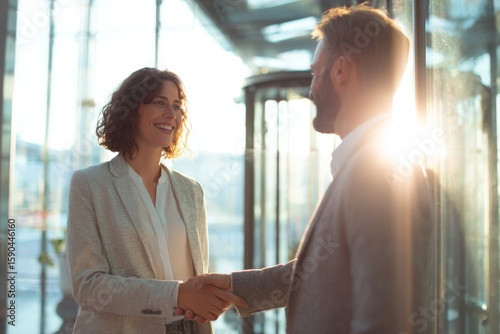 Business colleagues shaking hands in bright office environment
