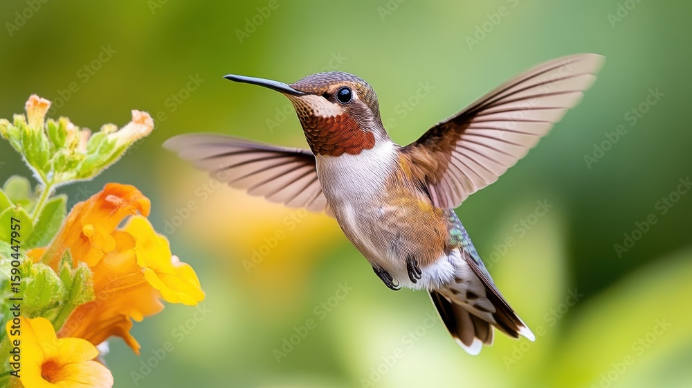 Fototapeta premium Colorful hummingbird visits vibrant flowers in a sunny garden setting