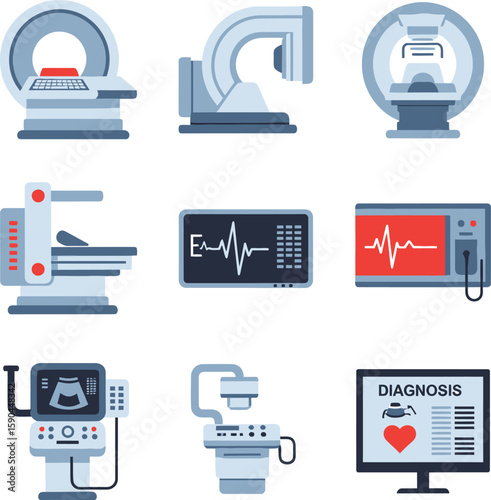 Medical diagnostic equipment icons: MRI, CT, ECG, ultrasound, and X-ray machines.