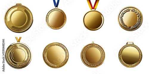 Multiple vector illustrations of delicately drawn gold medals

