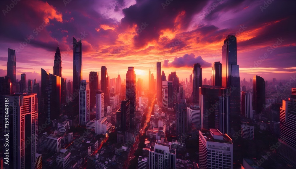 Fototapeta premium High-rise towers under colorful evening sky create a bold architectural perspective from street level, reflecting urban life and city development in dramatic golden hour lighting.