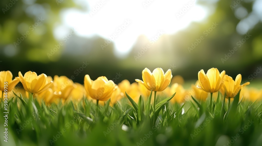 Fototapeta premium Beautiful yellow tulips bloom under the soft sunlight in springtime garden