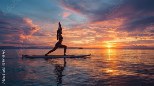 Inspirational early morning setting featuring a yogini in a challenging pose on a standup paddleboard with the sun rising on the horizon. The vibrant colors of the sky and soft waves