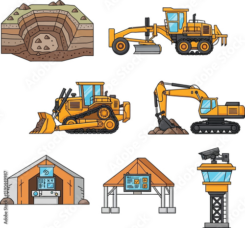 Illustration depicting various construction vehicles and infrastructure elements, showcasing earthworks and site components.