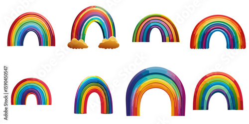 Multiple vector illustrations of delicately drawn rainbows

