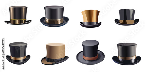 Multiple vector illustrations of delicately drawn top hats

