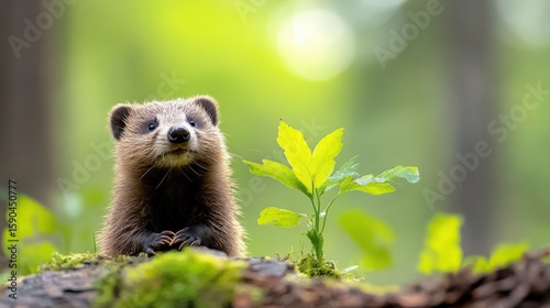 Wild badger exploring its forest home on a rainy day in Germany
