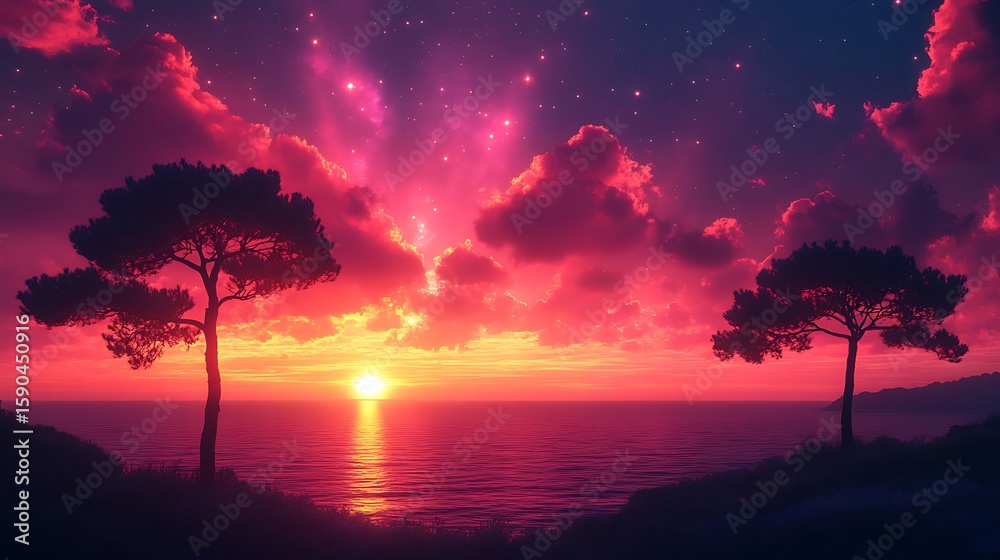 Naklejka premium Vivid pink orange sunset ocean illustration images