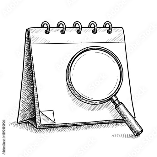 Calendar with Magnifier. Monochrome sketch illustration on transparent background. Planning, scheduling, search, event management, time organization, business icon