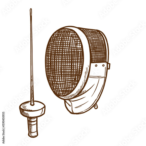 Fencing mask and blade in detailed sketch style for sports illustration  
