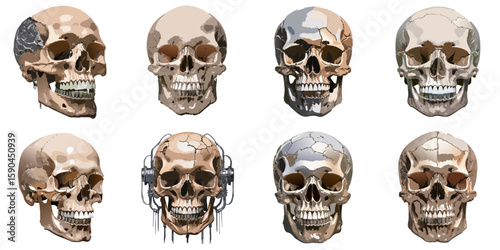 Multiple vector illustrations of delicately drawn skulls

