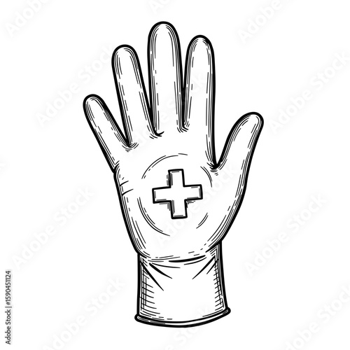 Medical Glove with Plus Sign. Monochrome sketch illustration on transparent background. Healthcare, medical aid, first aid, safety, emergency icon