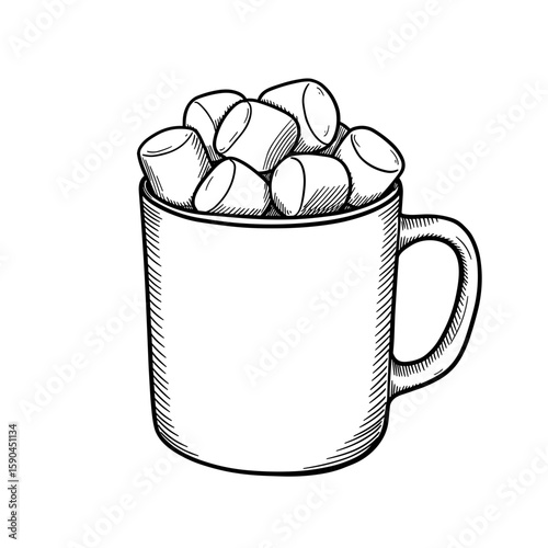 Mug with Marshmallows. Monochrome sketch illustration on transparent background. Cozy drink, comfort food, winter beverage, hot chocolate, snack icon