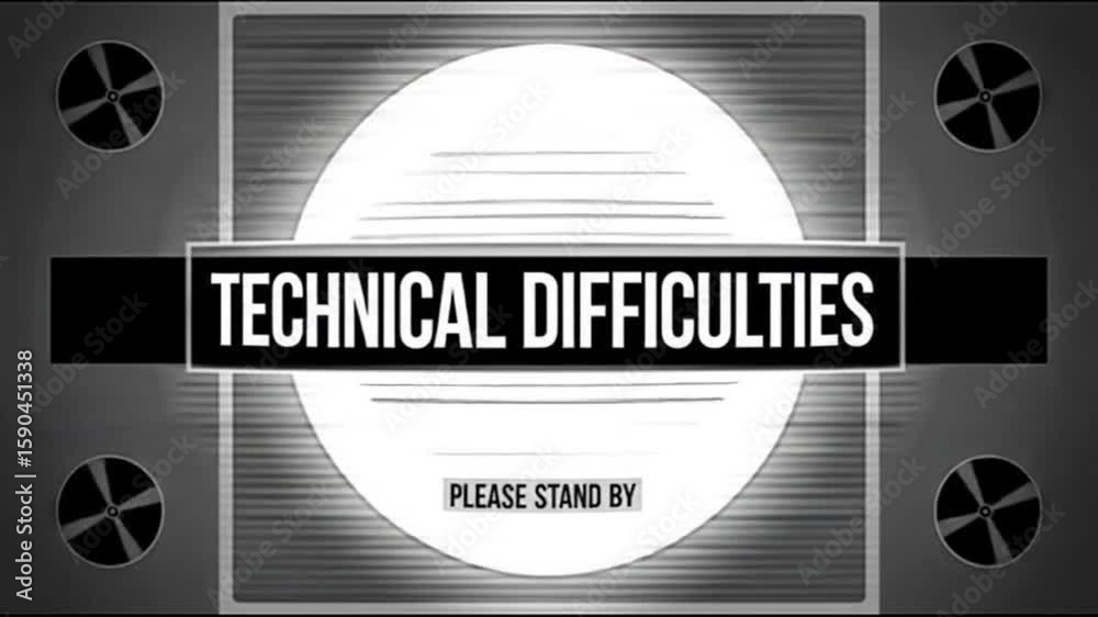 Technical Difficulties: A stark graphic evoking the timeless frustration of technical glitches, delivering a message of interruption and momentary pause.