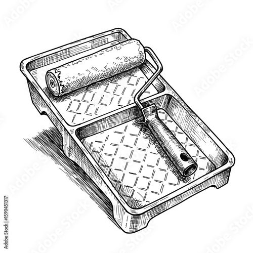 Painting Roller and Tray. Black and white sketch illustration on transparent background. Home renovation, DIY project, construction tools, repair, maintenance icon