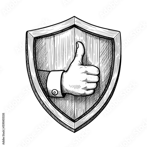 Shield with thumbs up illustration in monochrome sketch style  