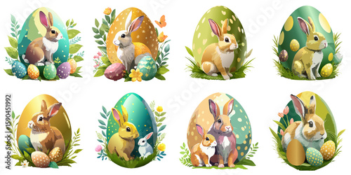 Multiple vector illustrations of delicately drawn Easter eggs and bunnies

