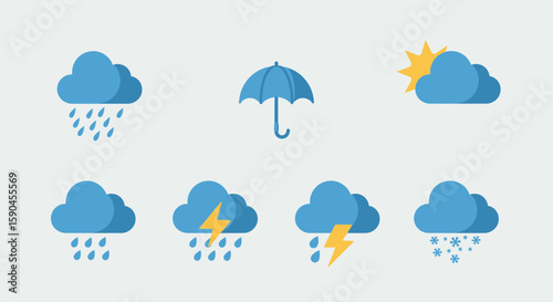 Simple weather icons depicting rain, storm, sun, and umbrella.