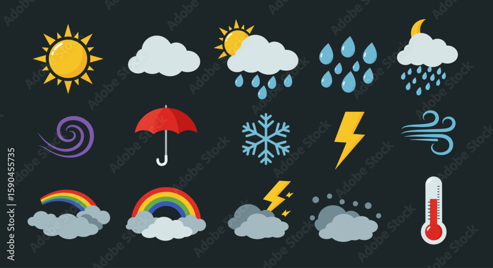 Obraz premium A flat vector illustration depicting various weather conditions, including sun, clouds, rain, wind, snow, lightning, rainbow, and temperature, against a dark background.